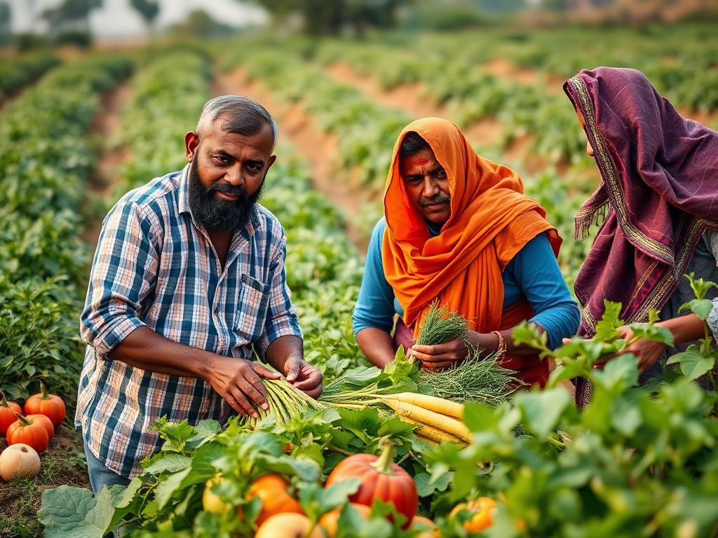 Indian farmers working in fields with fresh produce