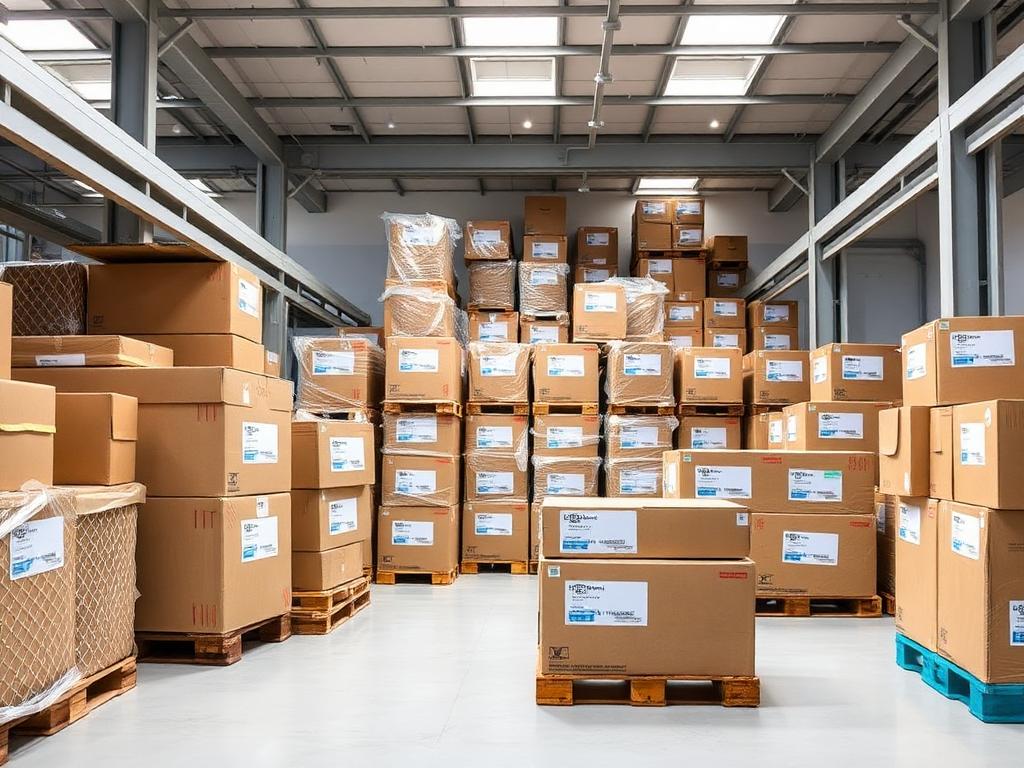 Professional export packaging facility with corrugated cartons and labeled boxes